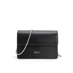 Women's Genuine Leather Chain Crossbody Bag, Black Flap Square Shoulder Purse