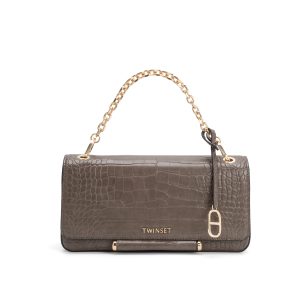 Fashion Croc-Embossed Leather Chain Clutch Bag, Brown Rectangular Handbag with Detachable Crossbody Strap