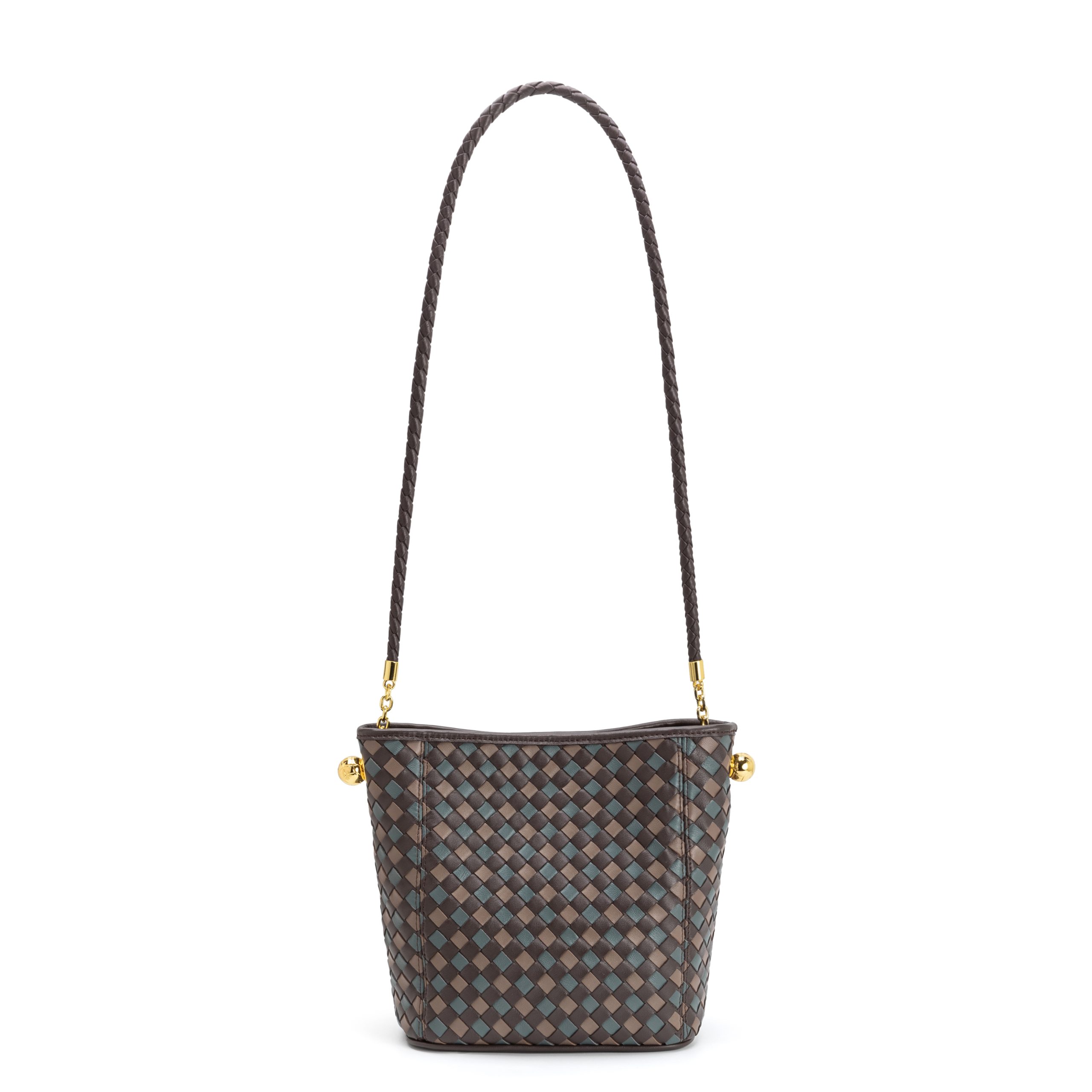 Top Quality Women's Multicolor Intrecciato Woven Leather Bucket Handbag with Custom Logo & Gold Hardware