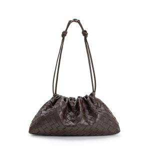Women's Dark Brown Woven Leather Cloud Clutch Bag, Convertible Drawstring Shoulder Purse with Gold Chain Strap