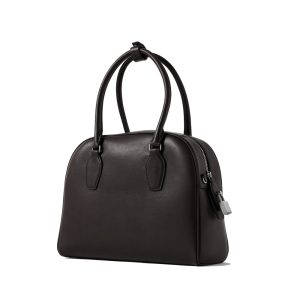 Dark Brown Shiny Genuine Leather Boston Bag, Dual Top Handle Metal Lock Classic Bowling Handbag For Daily Work
