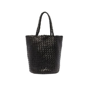 Minimal Grid Woven Market Basket Bag, Flexible Braided Handle With Inner Drawstring For Shopping & Work