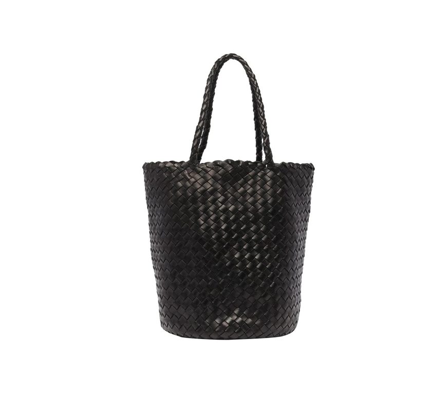 Minimal Grid Woven Market Basket Bag, Flexible Braided Handle With Inner Drawstring For Shopping & Work