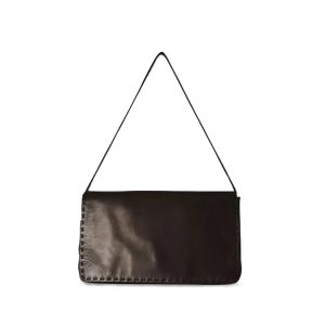 Vintage Shiny Waxed Cowhide Rectangular Baguette Shoulder Bag, Hand Stitched Thin Strap Minimal Underarm Handbag For Daily Use